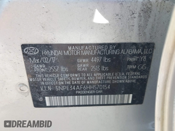 2017 Hyundai Sonata Sport with VIN 5NPE34AF6HH570154, listed as a IAAI auction lot 41991140 with 88,084 mi miles. Bid and sale history available at carsss.com. Image 9.