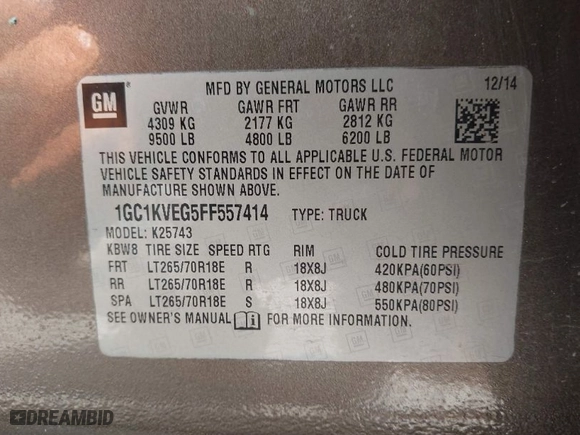 2015 Chevrolet Silverado 2500HD LT with VIN 1GC1KVEG5FF557414, listed as a IAAI auction lot 41735823 with 271,919 mi miles. Bid and sale history available at carsss.com. Image 9.