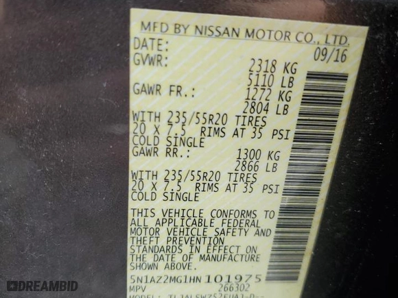 2017 Nissan Murano SV with VIN 5N1AZ2MG1HN101975, listed as a Copart auction lot 48810945 with 88,665 mi miles and Salvage Title. Bid and sale history available at carsss.com. Image 12.