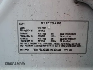 2022 Tesla Model Y Long Range with VIN 7SAYGDEE1NF491488, listed as a Copart auction lot 49266945 with 44,703 mi miles and Salvage Title. Bid and sale history available at carsss.com. Image 13.