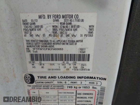2012 Ford F-150 XL with VIN 1FTFW1CF9CFA53053, listed as a IAAI auction lot 42103851 with 186,599 mi miles. Bid and sale history available at carsss.com. Image 9.