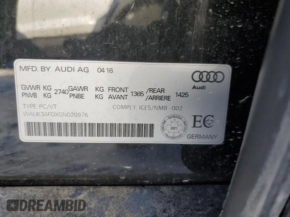 2016 Audi A8 with VIN WAUK3AFDXGN020976, listed as a Copart auction lot 43122755 with 161,089 mi miles and Clean title. Bid and sale history available at DreamBid. Image 13.