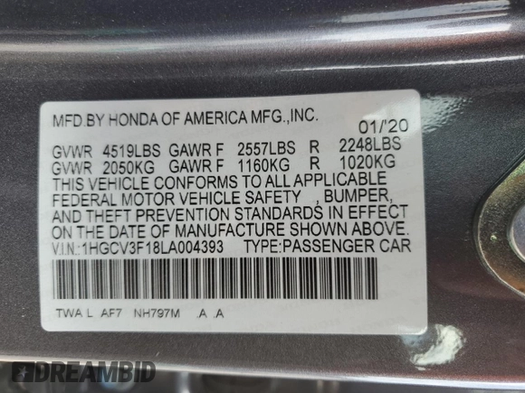 2020 Honda Accord with VIN 1HGCV3F18LA004393, listed as a Copart auction lot 79230464 with 105,145 mi miles and Salvage Title. Bid and sale history available at DreamBid. Image 14.