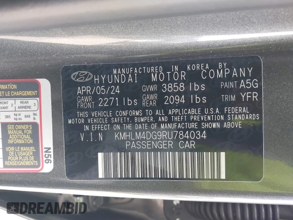 2024 Hyundai Elantra SEL z VIN KMHLM4DG9RU784034, wystawiony jako IAAI lot #41768840 z przebiegiem 8 606 mil mil oraz . Historia ofert i sprzedaży dostępna na DreamBid. Obrazek 9.
