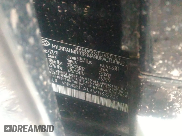 2021 Hyundai Santa Fe Calligraphy with VIN 5NMS5DAL8MH337709, listed as a IAAI auction lot 39766473 with 60,397 mi miles and . Bid and sale history available at DreamBid. Image 9.