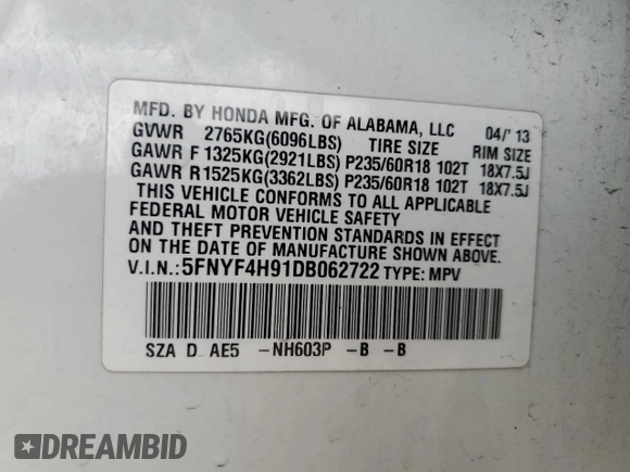 2013 Honda Pilot Touring z VIN 5FNYF4H91DB062722, wystawiony jako Copart lot #58308165 z przebiegiem 130 896 mil mil oraz Szkoda całkowita • Salvage title. Historia ofert i sprzedaży dostępna na DreamBid. Obrazek 13.