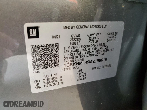 2021 GMC Acadia SLT with VIN 1GKKNML49MZ198616, listed as a Copart auction lot 54521073 with 12,770 mi miles and Salvage Title. Bid and sale history available at DreamBid. Image 15.