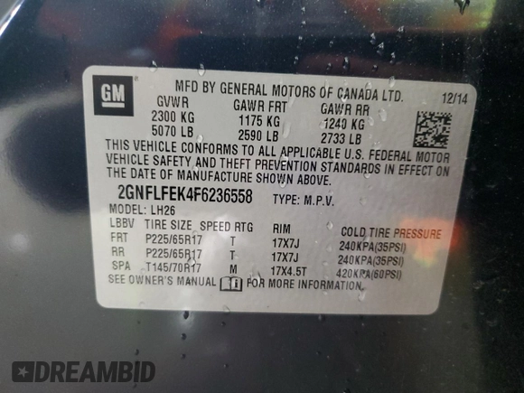 2015 Chevrolet Equinox LT with VIN 2GNFLFEK4F6236558, listed as a Copart auction lot 51317845 with 156,153 mi miles and Salvage Title. Bid and sale history available at carsss.com. Image 14.
