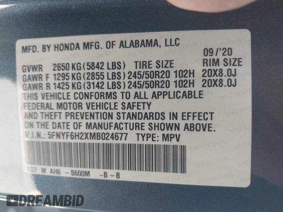2021 Honda Pilot Special Edition with VIN 5FNYF6H2XMB024677, listed as a IAAI auction lot 41748498 with 42,249 mi miles and . Bid and sale history available at DreamBid. Image 9.