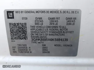 2019 Chevrolet Blazer with VIN 3GNKBBRA6KS694139, listed as a IAAI auction lot 41877859 with 122,259 mi miles. Bid and sale history available at carsss.com. Image 9.