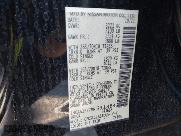 2021 Nissan Titan SV with VIN 1N6AA1EF7MN531884, listed as a IAAI auction lot 41853891 with 88,792 mi miles and . Bid and sale history available at DreamBid. Image 9.
