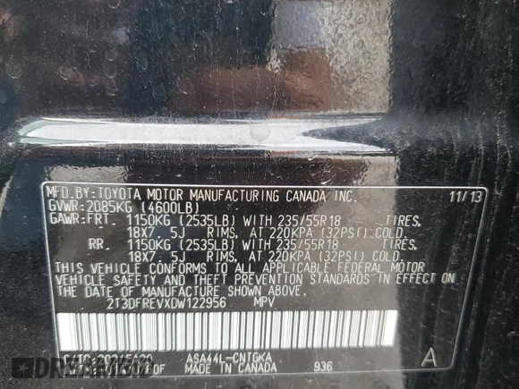 2013 Toyota RAV4 Limited with VIN 2T3DFREVXDW122956, listed as a Copart auction lot 61355155 with 152,280 mi miles and Salvage title. Bid and sale history available at DreamBid. Image 12.