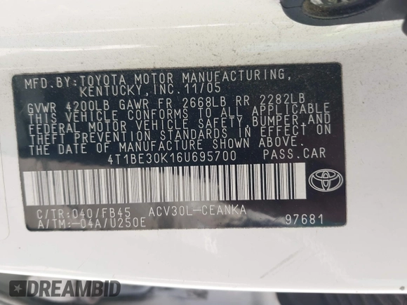 2006 Toyota Camry STD с VIN 4T1BE30K16U695700, выставлен на аукционе IAAI как лот 42477112 с пробегом 214 443 миль миль и . История ставок и продаж доступна на DreamBid. Изображение 9.