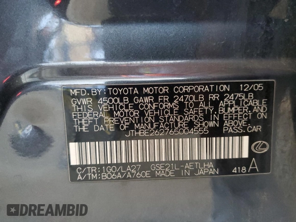 2006 Lexus IS 350 with VIN JTHBE262765004555, listed as a Copart auction lot 61045115 with 170,815 mi miles and Salvage title. Bid and sale history available at DreamBid. Image 13.