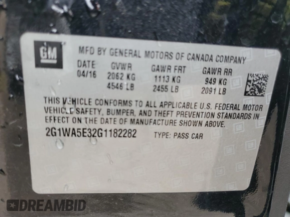 2016 Chevrolet Impala LS with VIN 2G1WA5E32G1182282, listed as a Copart auction lot 57422585 with 102,935 mi miles and Clean title. Bid and sale history available at DreamBid. Image 12.