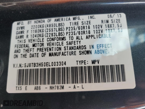 2014 Acura RDX Technology with VIN 5J8TB3H50EL003304, listed as a Copart auction lot 54869245 with 125,887 mi miles and Salvage title. Bid and sale history available at DreamBid. Image 13.