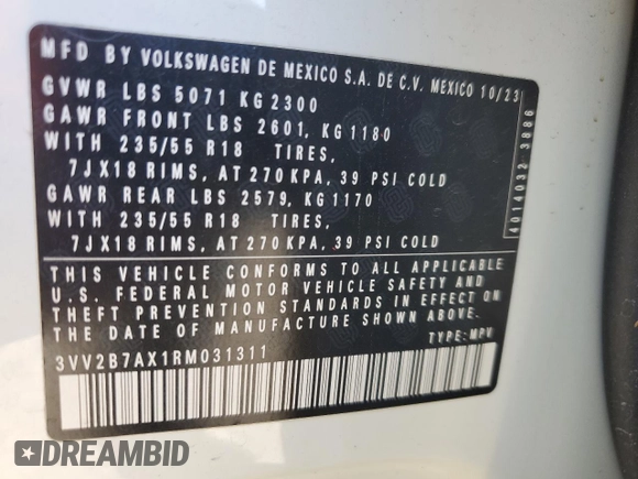 2024 Volkswagen Tiguan SE с VIN 3VV2B7AX1RM031311, выставлен на аукционе Copart как лот 86839204 с пробегом 14 983 миль миль и Списание • Salvage title. История ставок и продаж доступна на DreamBid. Изображение 14.