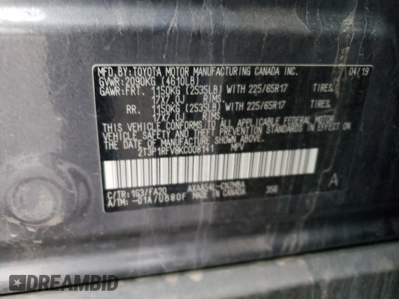 2019 Toyota RAV4 XLE with VIN 2T3P1RFV8KC008141, listed as a Copart auction lot 88732985 with Not Provided miles and Salvage Title. Bid and sale history available at DreamBid. Image 12.