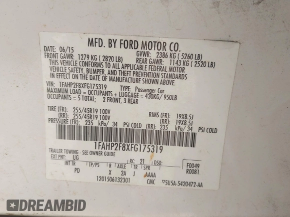 2015 Ford Taurus Limited with VIN 1FAHP2F8XFG175319, listed as a IAAI auction lot 42079604 with 1 mi miles. Bid and sale history available at carsss.com. Image 9.