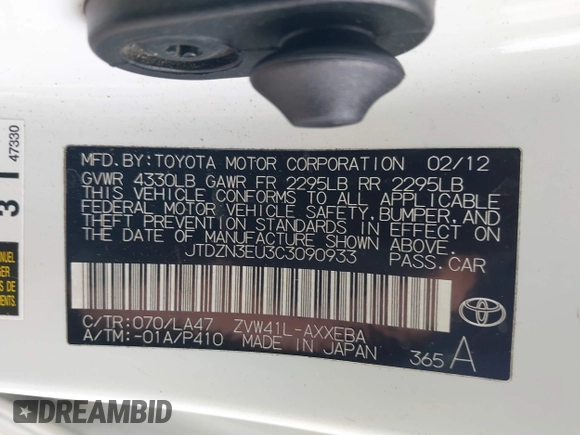 2012 Toyota Prius Two with VIN JTDZN3EU3C3090933, listed as a IAAI auction lot 41579396 with 179,015 mi miles and . Bid and sale history available at DreamBid. Image 9.