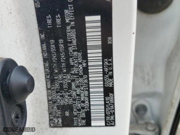 2015 Toyota Highlander Limited with VIN 5TDDKRFH8FS173610, listed as a Copart auction lot 52154925 with 0 mi miles and Salvage Title. Bid and sale history available at carsss.com. Image 15.