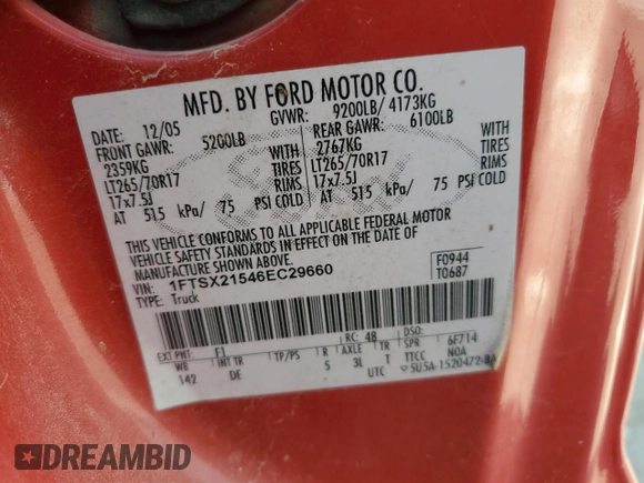 2006 Ford F-250 XL with VIN 1FTSX21546EC29660, listed as a Copart auction lot 54187375 with 87,845 mi miles and Salvage title. Bid and sale history available at DreamBid. Image 12.