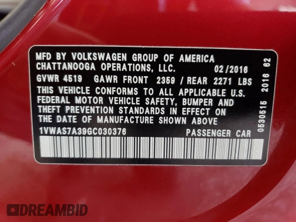 2016 Volkswagen Passat S with VIN 1VWAS7A39GC030376, listed as a Copart auction lot 63639835 with 67,864 mi miles and Salvage title. Bid and sale history available at DreamBid. Image 12.