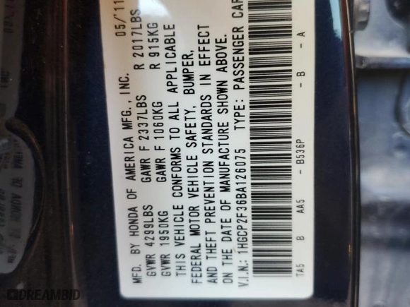 2011 Honda Accord Sdn LX with VIN 1HGCP2F36BA126075, listed as a Copart auction lot 52151745 with 219,172 mi miles and Salvage Title. Bid and sale history available at carsss.com. Image 13.