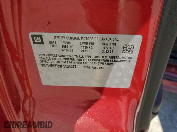 2015 Chevrolet Impala LT with VIN 2G1WB5E39F1134077, listed as a Copart auction lot 49036125 with 182,726 mi miles and Salvage Title. Bid and sale history available at DreamBid. Image 12.