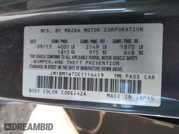 2014 Mazda 3 i Grand Touring with VIN JM1BM1W70E1116419, listed as a IAAI auction lot 41802012 with 143,353 mi miles and . Bid and sale history available at carsss.com. Image 9.