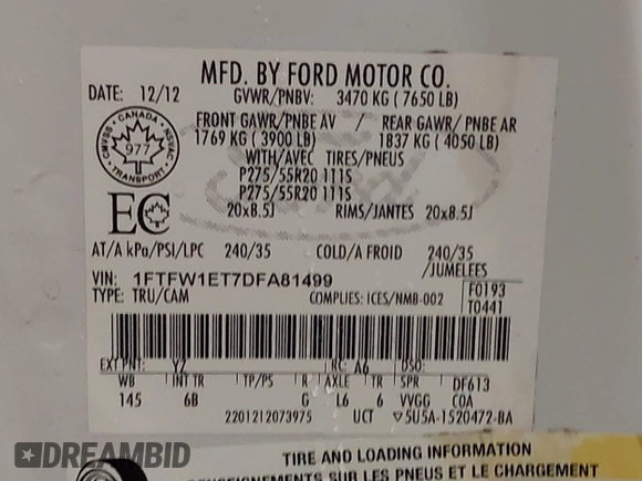 2013 Ford F-150 XL with VIN 1FTFW1ET7DFA81499, listed as a IAAI auction lot 41302118 with 153,976 mi miles. Bid and sale history available at carsss.com. Image 9.
