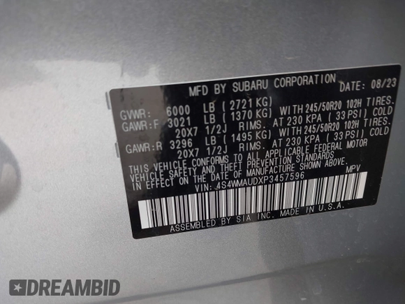 2023 Subaru Ascent Limited с VIN 4S4WMAUDXP3457596, выставлен на аукционе IAAI как лот 42078735 с пробегом Не указан миль и . История ставок и продаж доступна на DreamBid. Изображение 9.