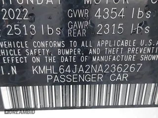 2022 Hyundai Sonata SEL with VIN KMHL64JA2NA236267, listed as a IAAI auction lot 41053375 with 55,315 mi miles. Bid and sale history available at carsss.com. Image 9.