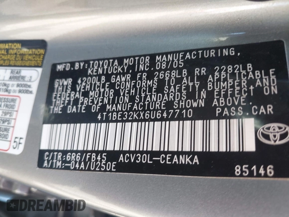 2006 Toyota Camry STD with VIN 4T1BE32KX6U647710, listed as a IAAI auction lot 42180551 with 163,906 mi miles and . Bid and sale history available at DreamBid. Image 9.