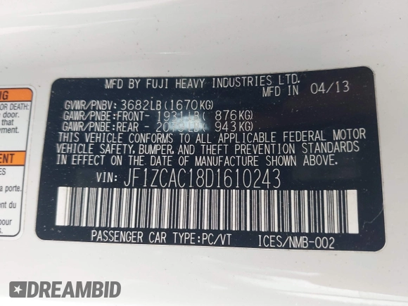 2013 Subaru BRZ Limited с VIN JF1ZCAC18D1610243, выставлен на аукционе IAAI как лот 42372354 с пробегом 40 185 миль миль и . История ставок и продаж доступна на DreamBid. Изображение 9.