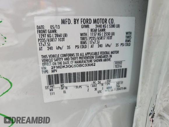 2013 Ford Edge SE с VIN 2FMDK3GC5DBC33062, выставлен на аукционе Copart как лот 65565915 с пробегом 149 846 миль миль и Списание • Salvage title. История ставок и продаж доступна на DreamBid. Изображение 13.