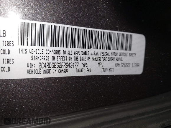 2015 Dodge Grand Caravan SE with VIN 2C4RDGBG2FR643477, listed as a IAAI auction lot 41955909 with 451,432 mi miles and . Bid and sale history available at DreamBid. Image 9.
