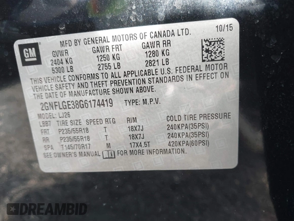 2016 Chevrolet Equinox LTZ with VIN 2GNFLGE38G6174419, listed as a IAAI auction lot 41626350 with 260,674 mi miles. Bid and sale history available at carsss.com. Image 9.