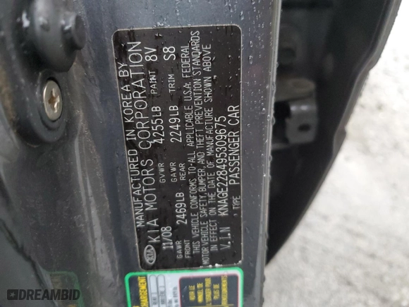 2009 Kia Optima LX with VIN KNAGE228495309675, listed as a Copart auction lot 49705575 with 140,613 mi miles and Salvage Title. Bid and sale history available at carsss.com. Image 12.