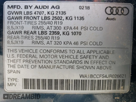 2018 Audi Q3 Premium with VIN WA1BCCFS4JR026621, listed as a Copart auction lot 56717995 with 118,484 mi miles and Salvage title. Bid and sale history available at DreamBid. Image 13.