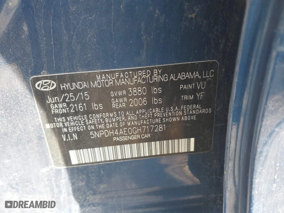 2016 Hyundai Elantra GL with VIN 5NPDH4AE0GH717281, listed as a IAAI auction lot 41773959 with 129,250 mi miles. Bid and sale history available at carsss.com. Image 9.
