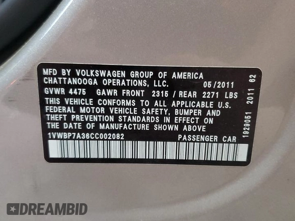 2012 Volkswagen Passat SE z VIN 1VWBP7A36CC002082, wystawiony jako Copart lot #60692375 z przebiegiem 154 980 mil mil oraz Szkoda całkowita • Salvage title. Historia ofert i sprzedaży dostępna na DreamBid. Obrazek 13.