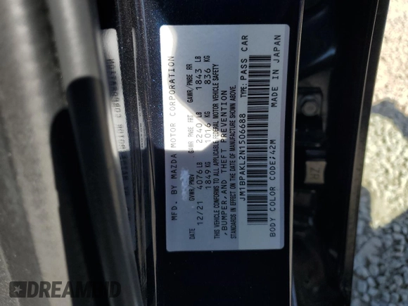 2022 Mazda 3 Select with VIN JM1BPAKL2N1506688, listed as a Copart auction lot 46183945 with 20,494 mi miles and Salvage title. Bid and sale history available at DreamBid. Image 12.