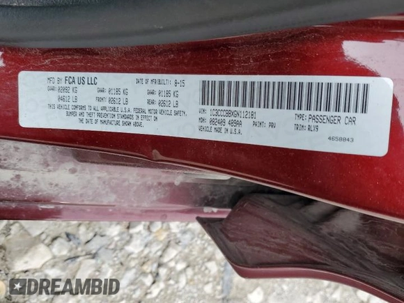 2016 Chrysler 200 S with VIN 1C3CCCBBXGN112181, listed as a Copart auction lot 65390224 with 102,372 mi miles and Non Repairable. Bid and sale history available at carsss.com. Image 14.