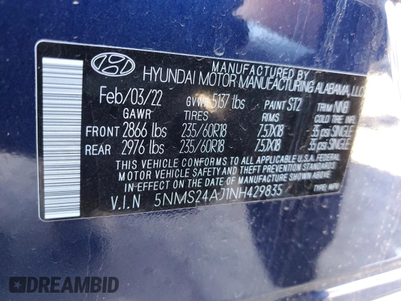 2022 Hyundai Santa Fe SEL with VIN 5NMS24AJ1NH429835, listed as a Copart auction lot 46452035 with 17,928 mi miles and Salvage Title. Bid and sale history available at DreamBid. Image 16.