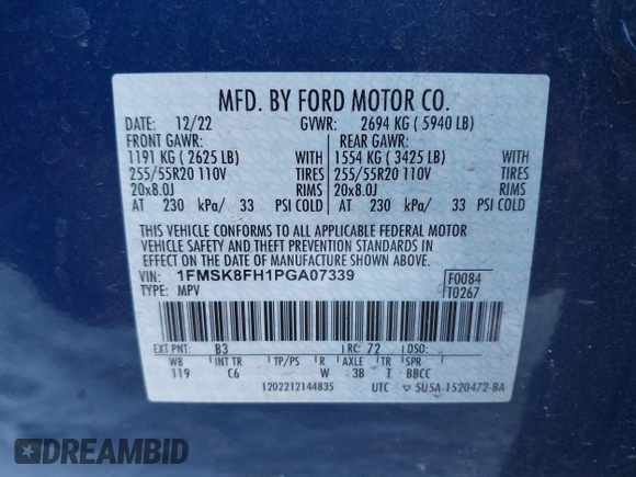 2023 Ford Explorer Limited with VIN 1FMSK8FH1PGA07339, listed as a IAAI auction lot 41018629 with 26,440 mi miles and . Bid and sale history available at DreamBid. Image 9.