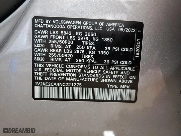 2022 Volkswagen Atlas Cross Sport 3.6L V6 SE w/Technology with VIN 1V2KE2CA4NC221275, listed as a Copart auction lot 48567955 with 34,525 mi miles and Salvage Title. Bid and sale history available at carsss.com. Image 13.