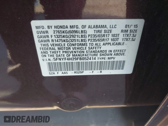 2015 Honda Pilot LX with VIN 5FNYF4H29FB052414, listed as a IAAI auction lot 41087393 with Not Provided miles. Bid and sale history available at carsss.com. Image 9.