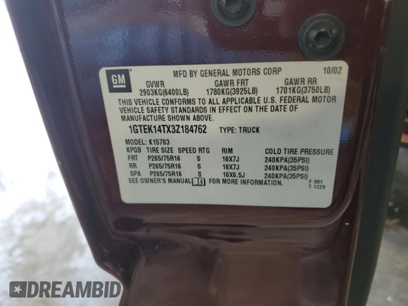 2003 GMC Sierra 1500 SLE with VIN 1GTEK14TX3Z184762, listed as a Copart auction lot 53380935 with Not Provided miles and Non Repairable. Bid and sale history available at DreamBid. Image 12.