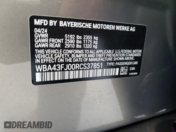 2024 BMW 5 Series 530i with VIN WBA43FJ00RCS37851, listed as a Copart auction lot 66749584 with 500 mi miles and Salvage Title. Bid and sale history available at carsss.com. Image 12.